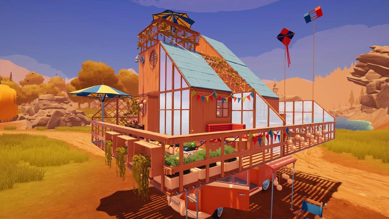 A multi-floored wooden home base built on top of an orange camper van under a darkening evening sky in Outbound.