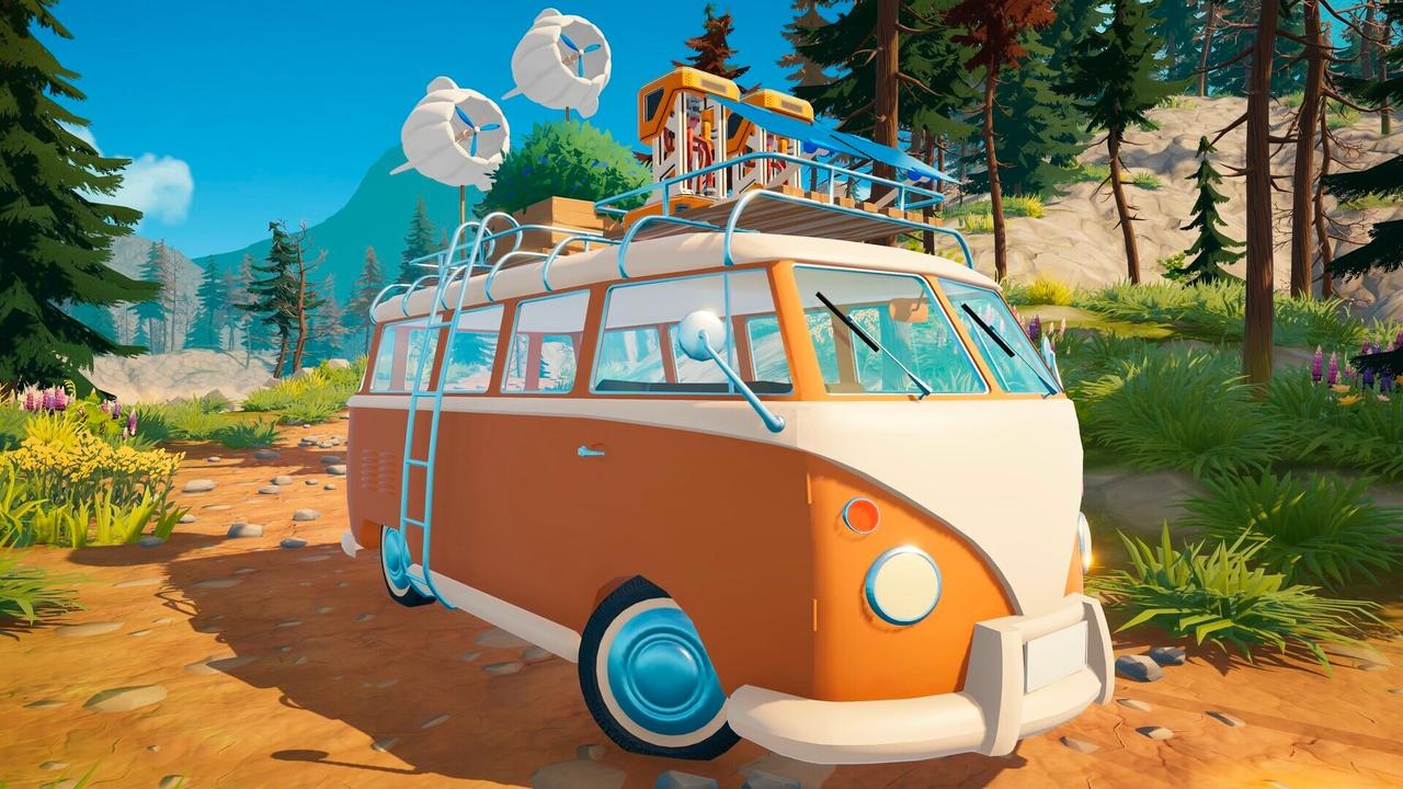 An orange and white electric camper van in Outbound driving on a dirt forest path with custom wind turbines and solar panels mounted to its roof rack.