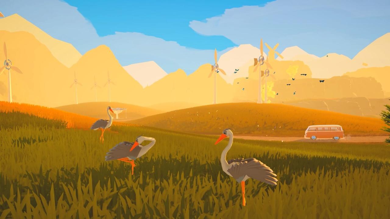 An orange and white camper van drives along a dirt road past distant wind turbines while three large wild birds stand in a grassy field in Outbound.