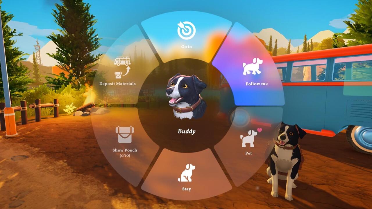 A circular command menu for a dog named Buddy is displayed on the screen next to an orange camper van in Outbound, showing options to pet, stay, or show pouch.