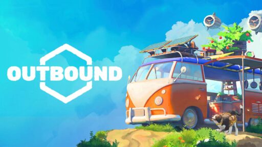 The official Outbound game logo displayed next to an orange camper van parked on a grassy cliff against a bright blue sky with a dog companion.