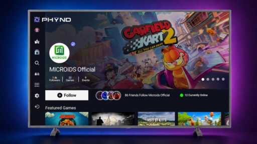 PHYND interface on a Smart TV displaying the Microids profile and Garfield Kart 2 artwork.