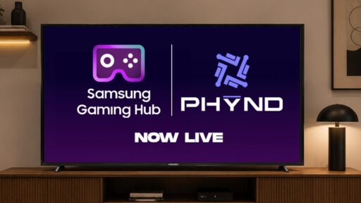A smart TV displaying the Samsung Gaming Hub logo next to the PHYND beta live announcement on a wooden entertainment unit.