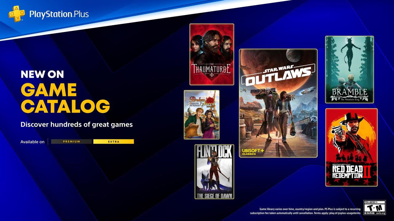 Promotional graphic for the May 2026 PlayStation Plus Game Catalog showing game covers for Star Wars Outlaws, Red Dead Redemption 2, The Thaumaturge, Flintlock: The Siege of Dawn, Broken Sword, and Bramble: The Mountain King.