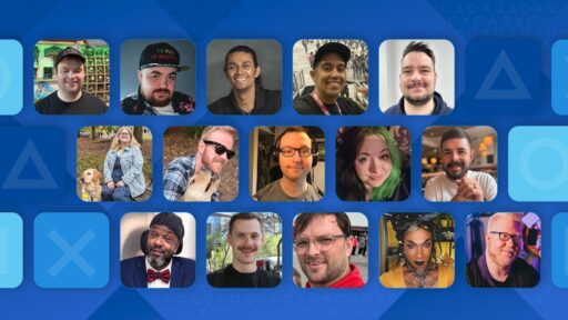 PlayStation Studios Accessibility Community Council member collage on a blue PlayStation background