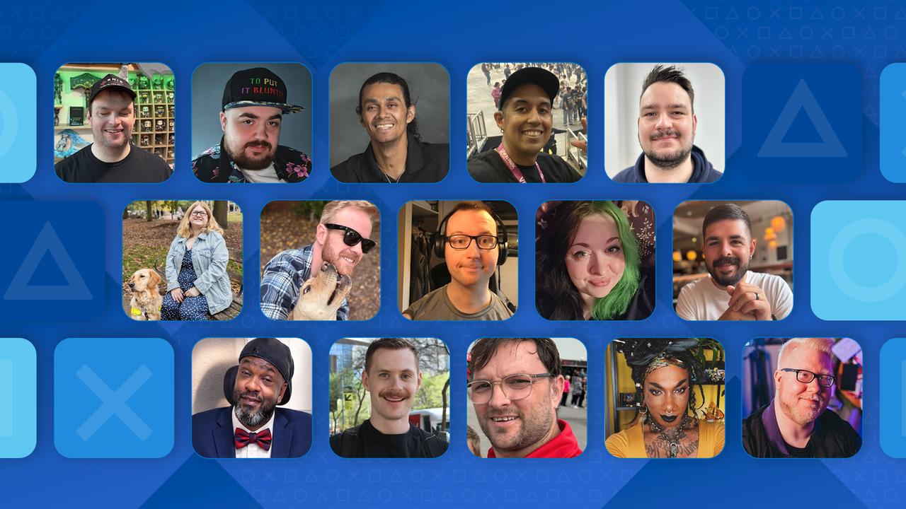 PlayStation Studios Accessibility Community Council member collage on a blue PlayStation background