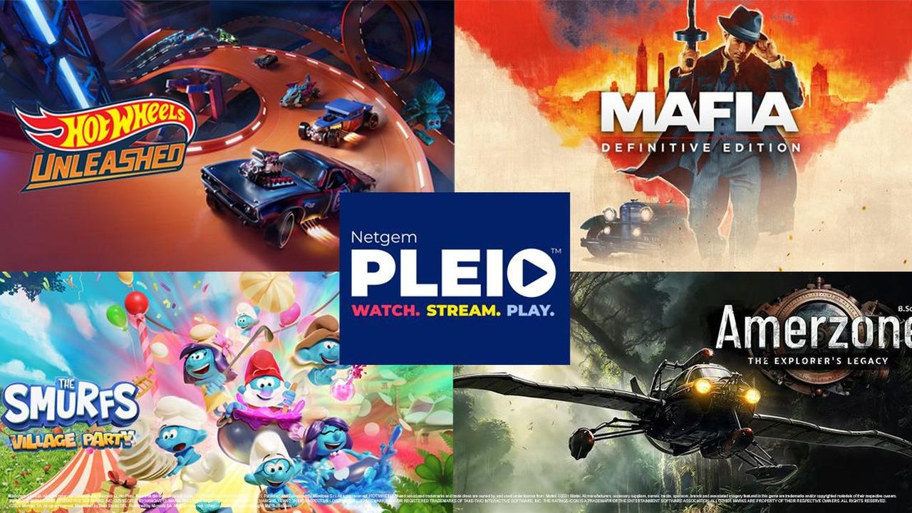 A collage showing game art for Hot Wheels Unleashed, Mafia Definitive Edition, The Smurfs Village Party, and Amerzone The Explorer's Legacy, with the Netgem PLEIO logo in the centre.
