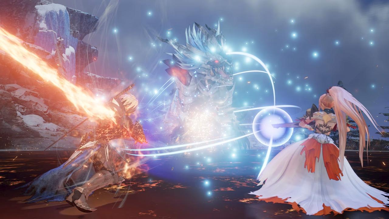 Alphen and Shionne using Artes in Tales of Arise: Beyond the Dawn Edition on Nintendo Switch 2.