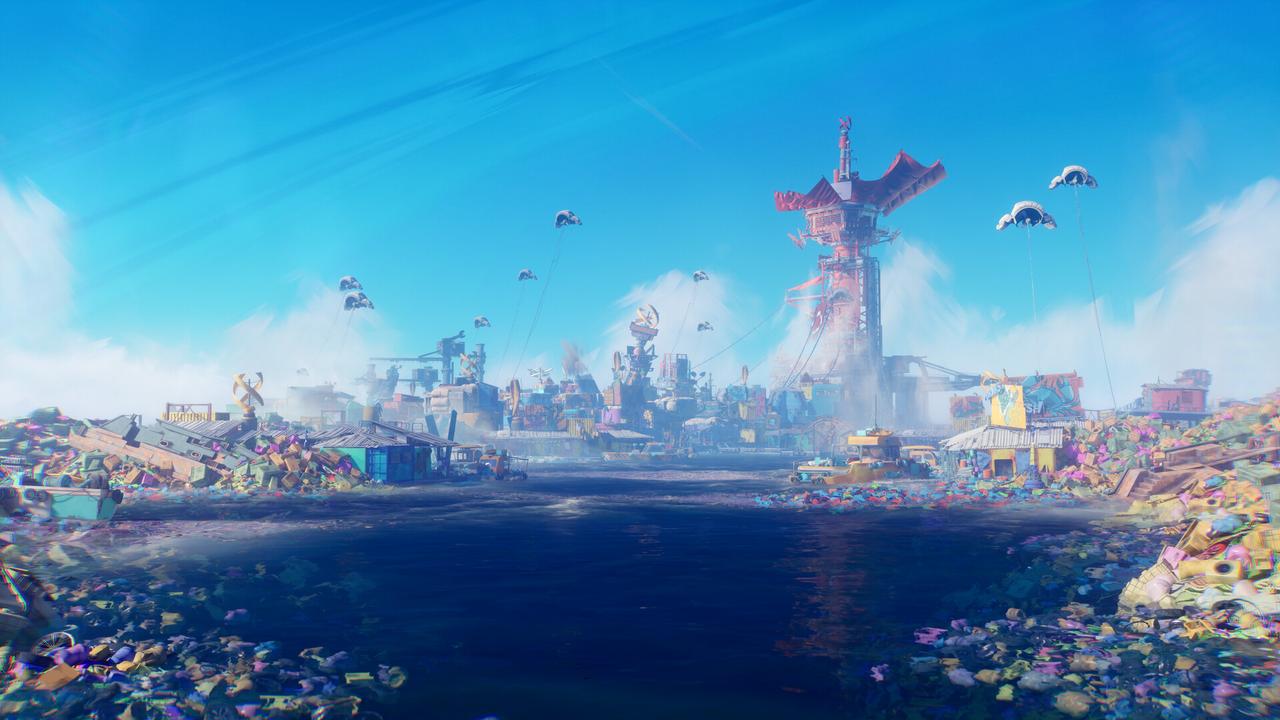 A wide shot showing the massive scale of a settlement built from colourful plastic debris floating on the ocean of Elynd under a bright blue sky in Tides of Tomorrow.