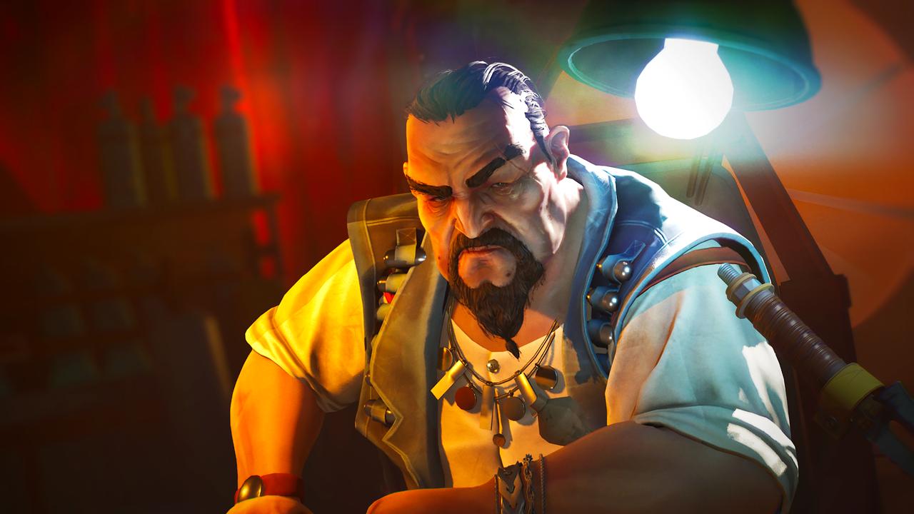 Obin, the imposing mob boss of the Marauders faction, glares from under a harsh desk lamp in a gritty outpost in Tides of Tomorrow.