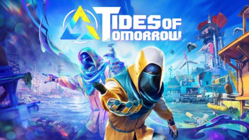 A masked Tidewalker reaches out their hand alongside an iridescent Echo figure in front of a colourful, flooded ocean settlement in the key art for Tides of Tomorrow.
