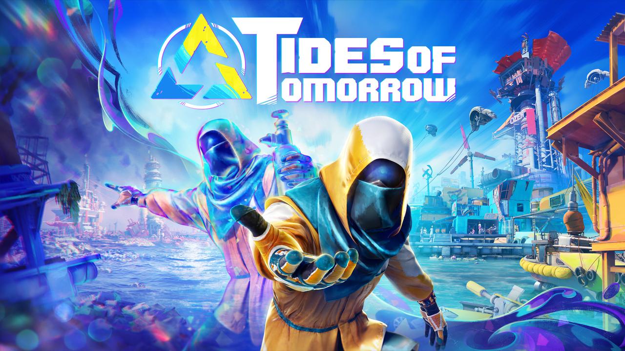 A masked Tidewalker reaches out their hand alongside an iridescent Echo figure in front of a colourful, flooded ocean settlement in the key art for Tides of Tomorrow.