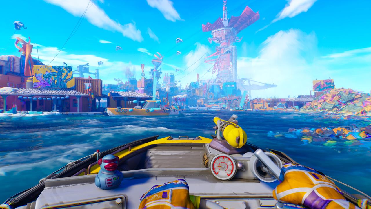A first-person view of a Tidewalker steering a small yellow boat across the bright blue ocean toward a massive, colourful scrap settlement in Tides of Tomorrow.
