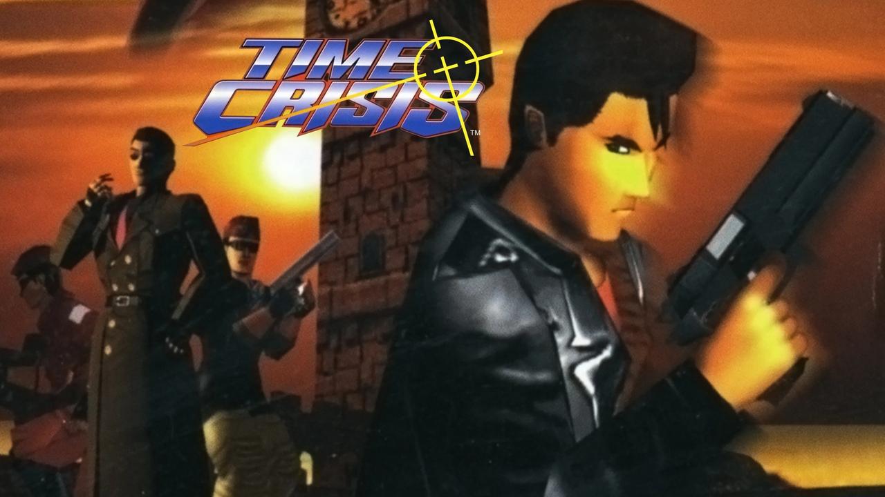 Promotional artwork for the classic PS1 game Time Crisis, featuring the main character holding a gun alongside the game's logo and villains in the background.