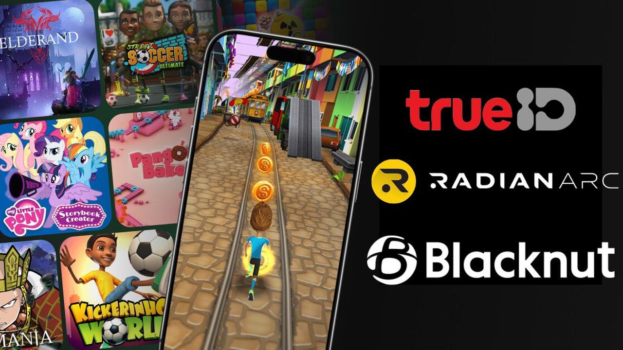 A smartphone displaying a 3D endless runner game surrounded by game thumbnails like Elderand and My Little Pony, next to the TrueID, Radian Arc, and Blacknut logos representing the TrueID Game hub.