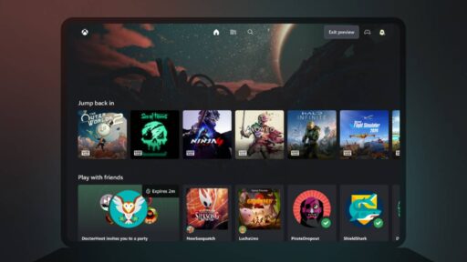 A tablet displaying the Xbox Cloud Gaming interface, showing a library of games and active multiplayer party invitations.