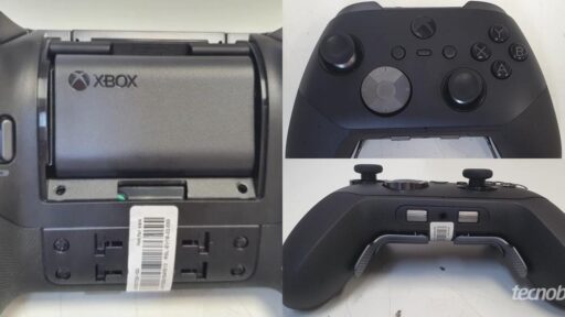 A collage of leaked images for the Xbox Elite 3 controller detailing the front face, new bottom scroll wheels, and the removable battery compartment.