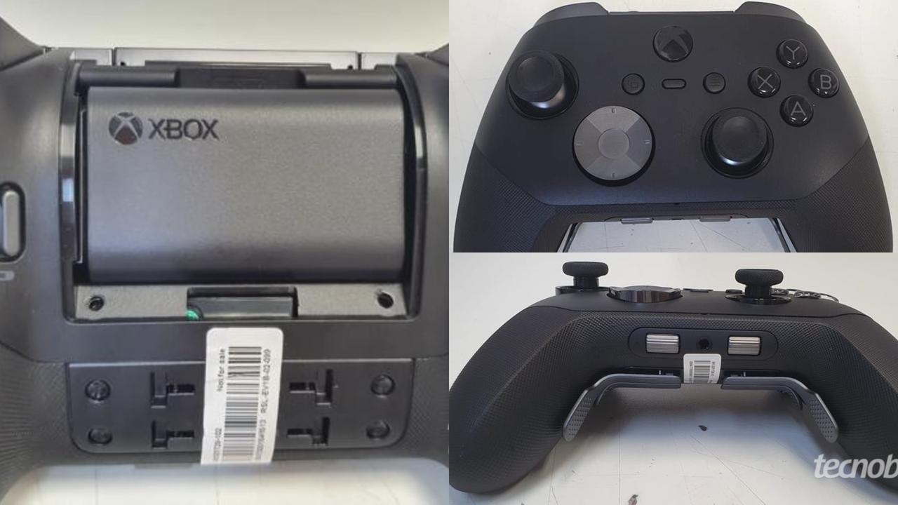 A collage of leaked images for the Xbox Elite 3 controller detailing the front face, new bottom scroll wheels, and the removable battery compartment.