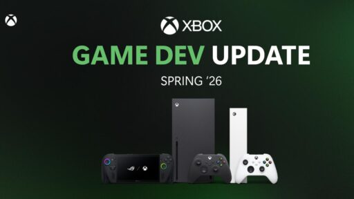 Promotional graphic for Xbox Game Dev Update Spring '26 featuring Xbox Series X, Series S, an ROG Ally handheld, and Xbox controllers.
