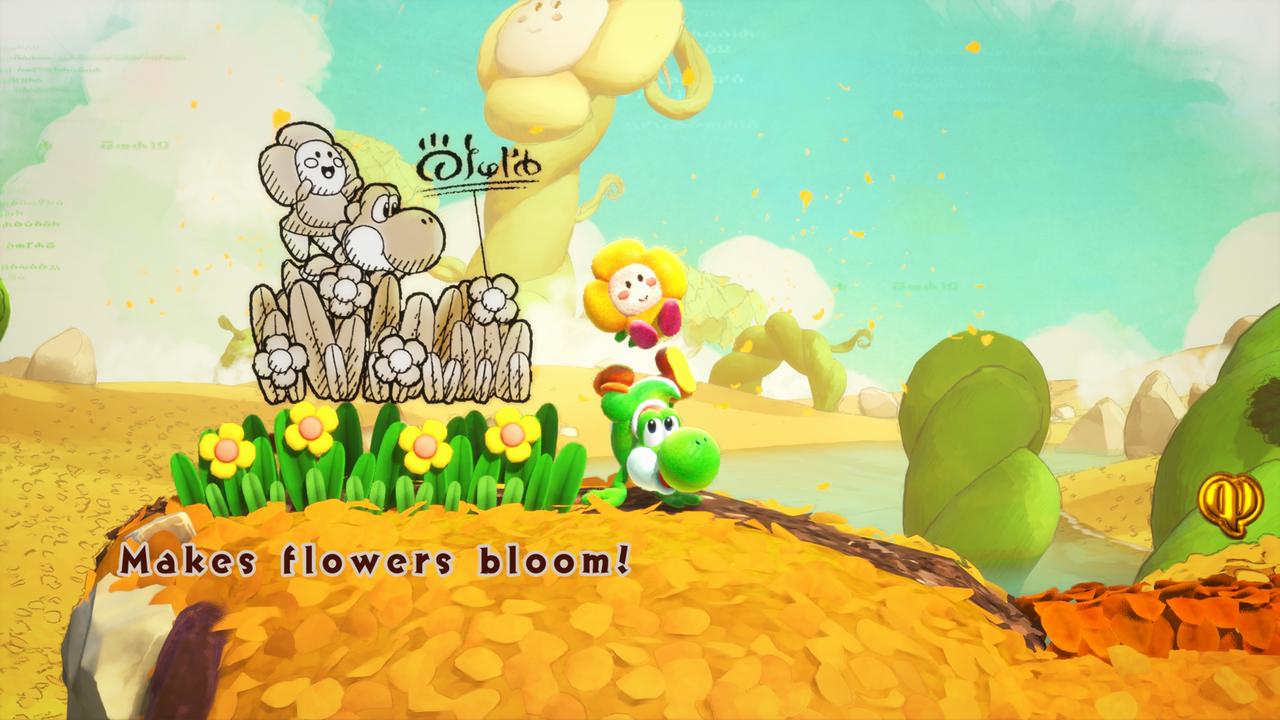 Yoshi carries a flower creature through a storybook page as the text Makes flowers bloom appears on screen.