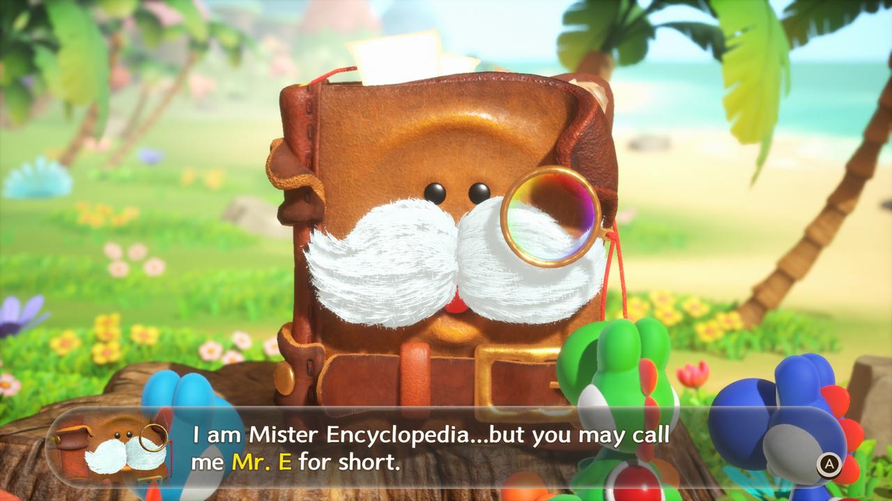 Mr. E introduces himself as Mister Encyclopedia while green and blue Yoshis stand in front of the book.