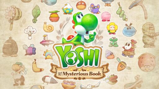 Yoshi stands above the Yoshi and the Mysterious Book logo with illustrated creatures across a storybook page.