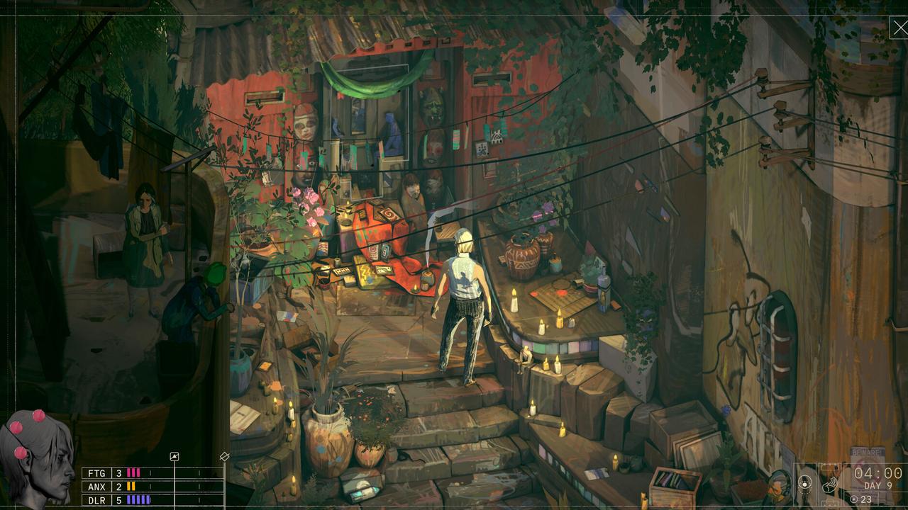 ZERO PARADES: For Dead Spies screenshot showing CASCADE investigating a cluttered room in Portofiro with candles, plants, and dialogue HUD elements.