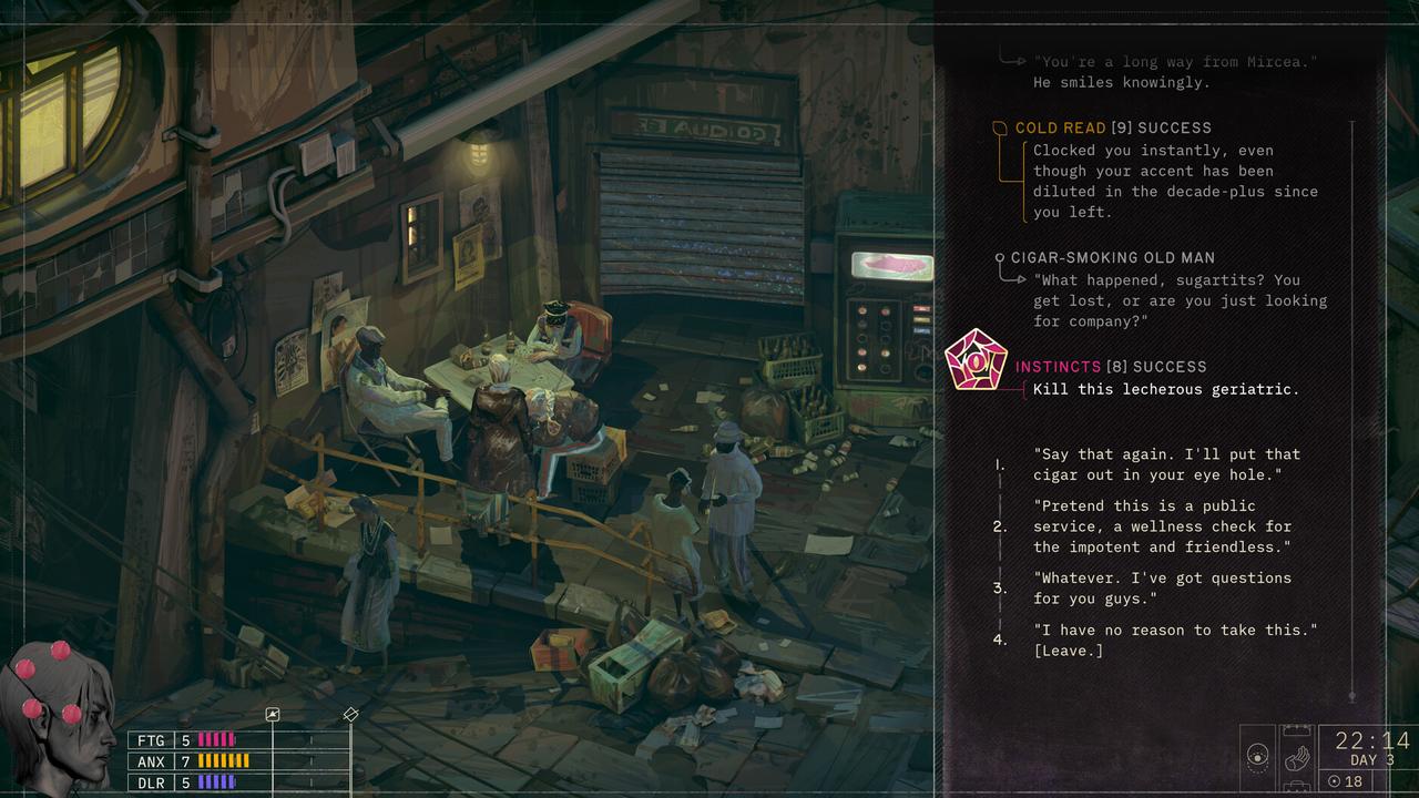 ZERO PARADES: For Dead Spies screenshot showing CASCADE in a Portofiro conversation with Cold Read and Instincts checks visible.