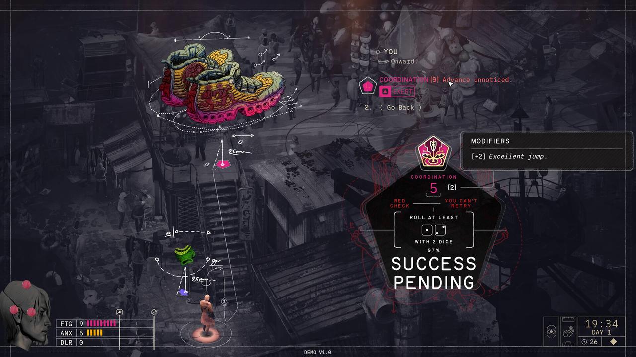 ZERO PARADES: For Dead Spies screenshot showing CASCADE during a Coordination dice check with Exert, success percentage, and Fatigue, Anxiety, and Delirium meters.