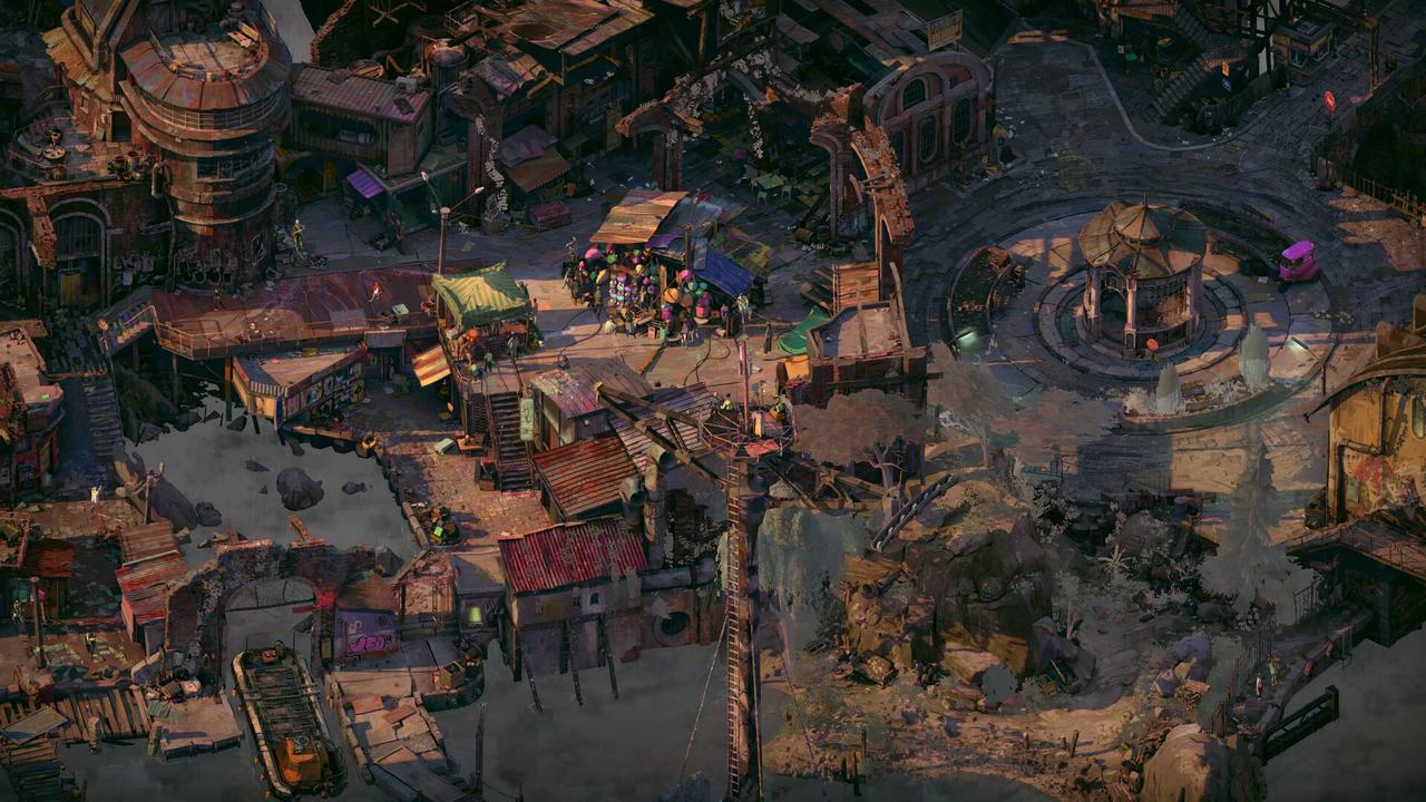 ZERO PARADES: For Dead Spies city district in Portofiro with crowded market stalls, worn buildings, and a circular plaza.
