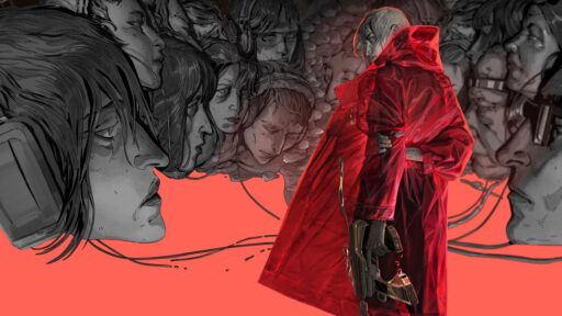 ZERO PARADES: For Dead Spies key art showing CASCADE in a red coat surrounded by sketch-like faces.