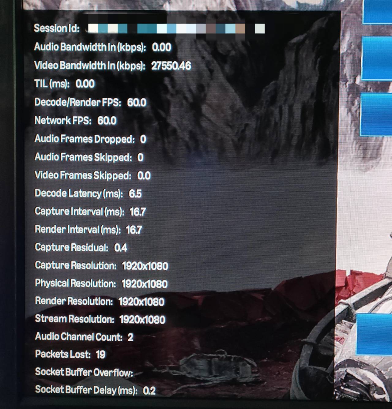 Amazon Luna stream stats overlay showing bandwidth, FPS, resolution, decode latency, packets lost, and other performance metrics.