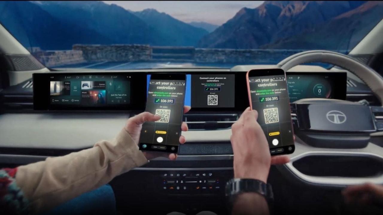 AirConsole in-car gaming on the Tata Sierra EV using phones as controllers.