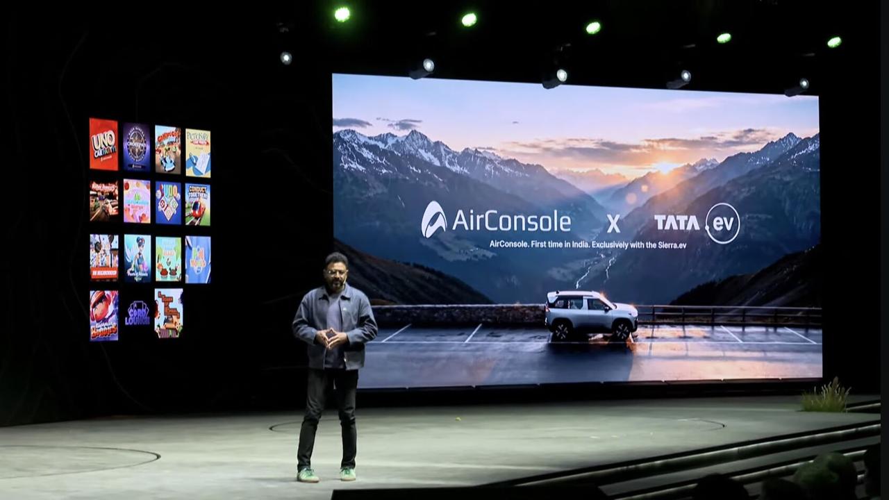 AirConsole and Tata EV branding shown during the Tata Sierra EV in-car gaming launch.