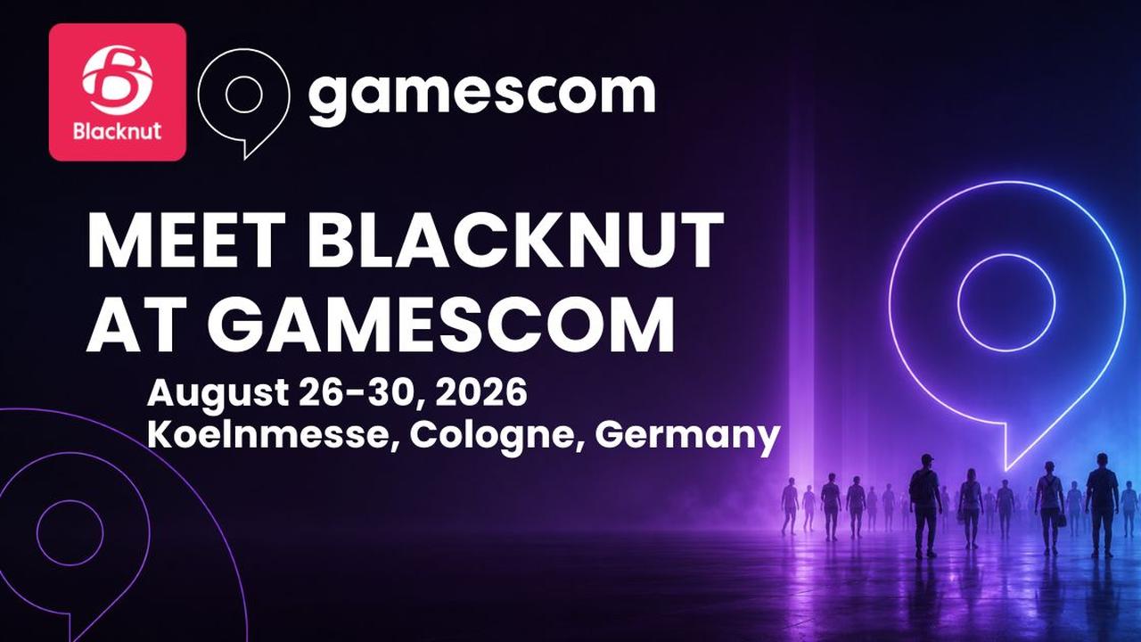 Blacknut Gamescom 2026 graphic promoting meetings at Koelnmesse in Cologne from August 26 to 30 2026.