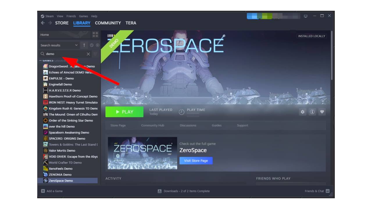 Steam library search showing Next Fest June 2026 demos playable through Boosteroid.