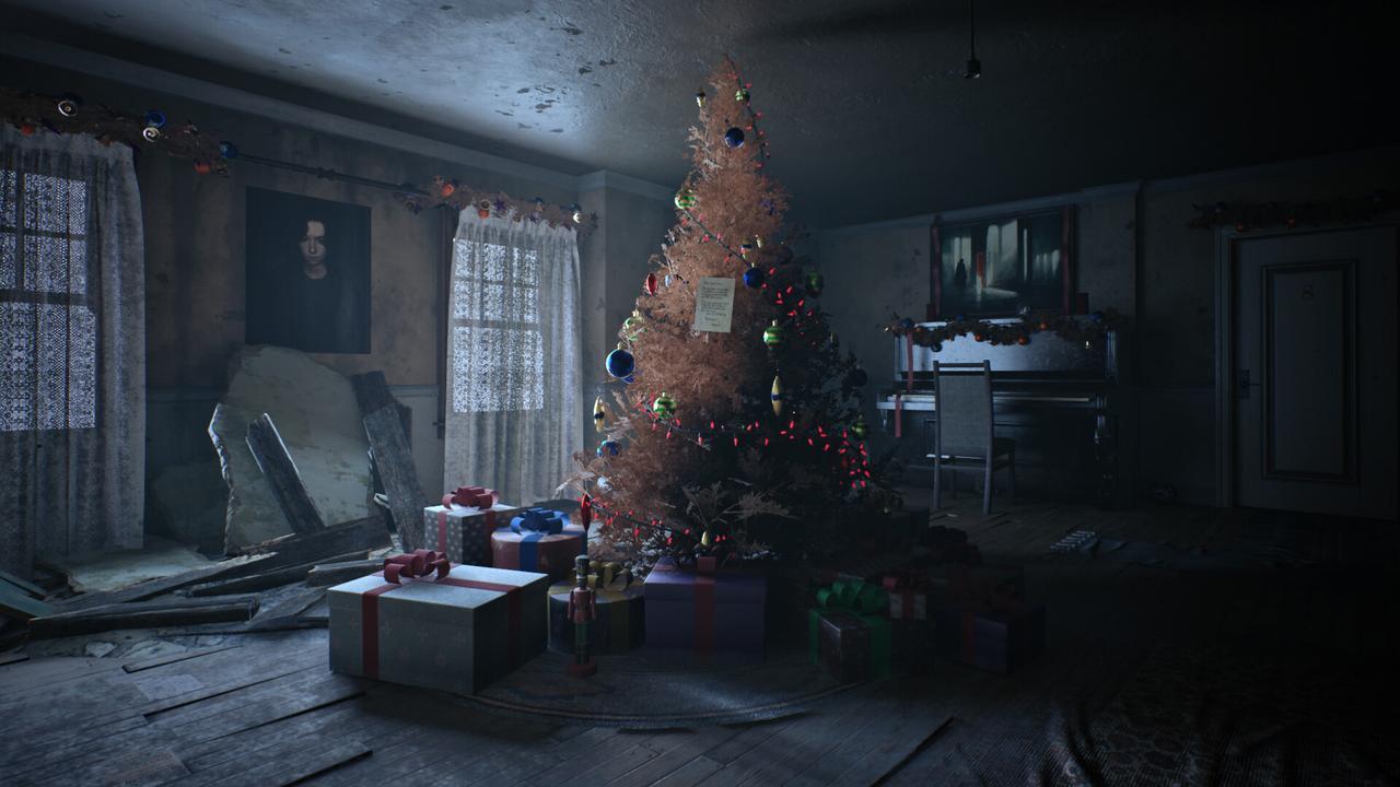 A dark childhood home room with a Christmas tree and scattered objects in BrokenLore: FOLLOW.