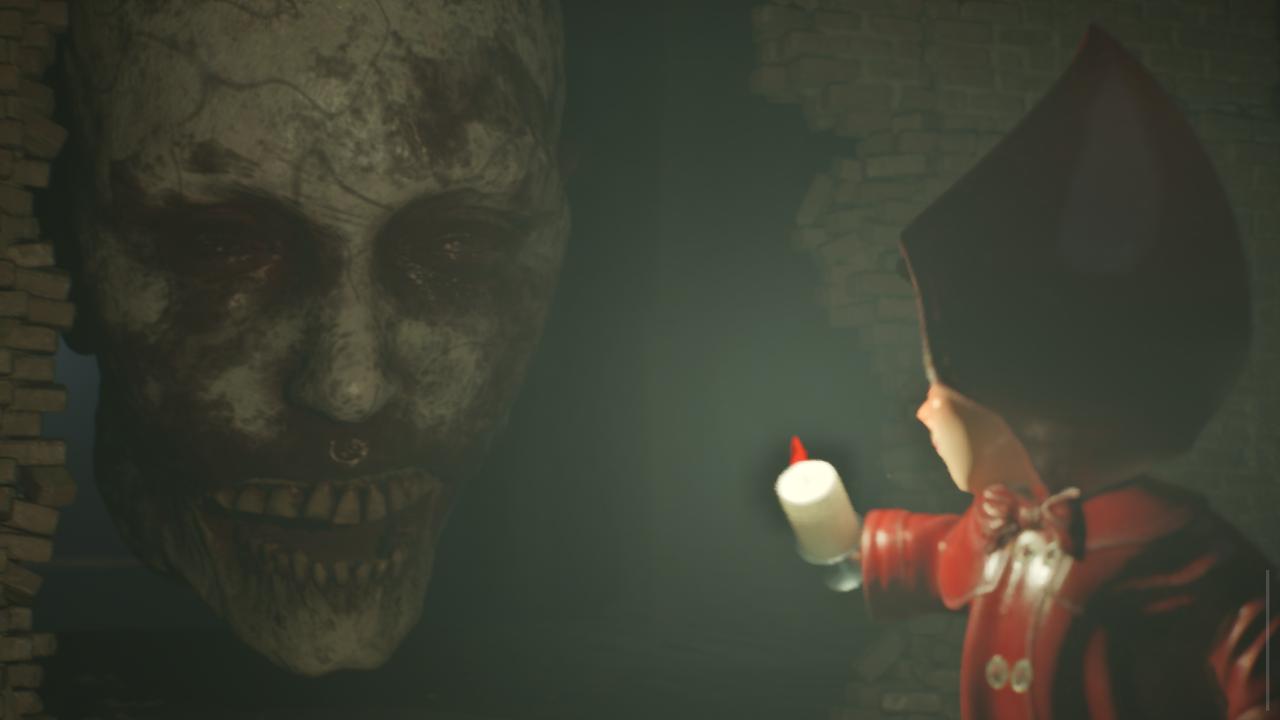 Anne’s doll holds a candle while facing a large horror figure in BrokenLore: FOLLOW.