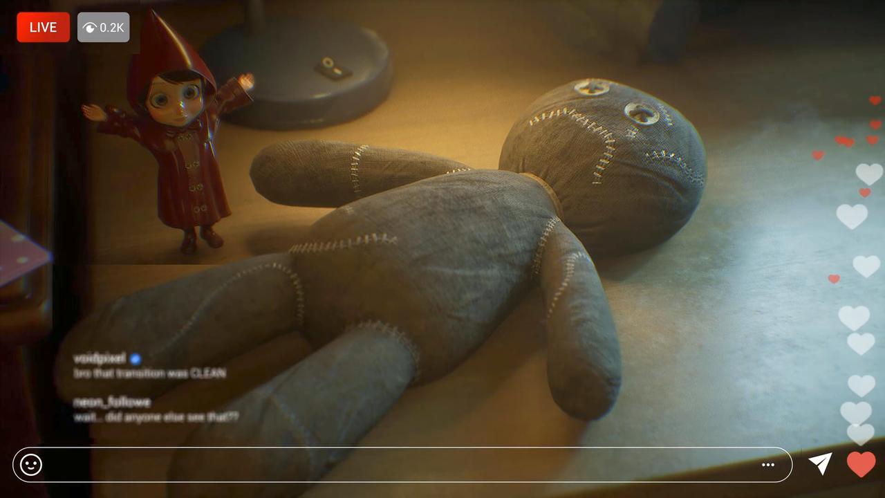 Anne’s doll stands near a stitched figure with a livestream overlay in BrokenLore: FOLLOW.