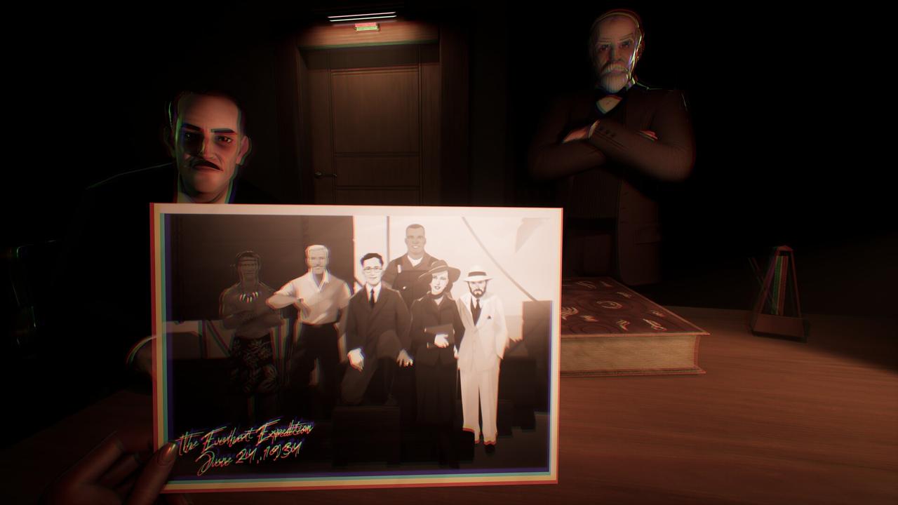 Call of the Elder Gods screenshot showing an Everhart Expedition photo held in a dark room with two shadowy figures nearby.