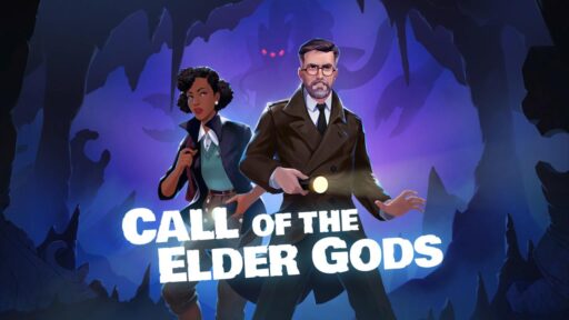 Call of the Elder Gods key art showing Harry Everhart and Evangeline Drayton exploring a dark cave with a shadowy creature behind them.