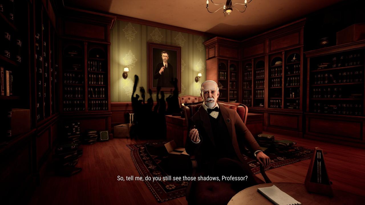 Call of the Elder Gods screenshot showing Harry Everhart seated in a library with a shadowy figure nearby.