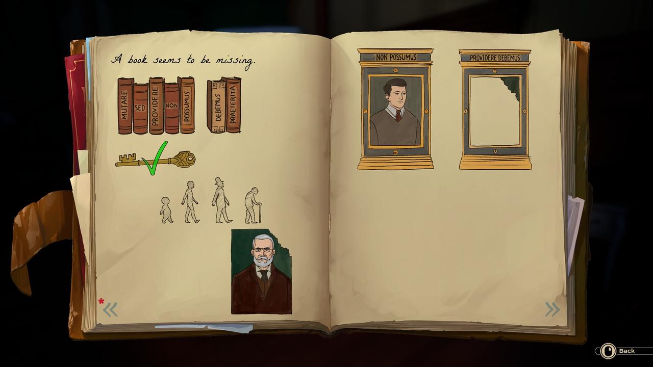 Call of the Elder Gods screenshot showing an open journal with puzzle notes, portraits, symbols, and a checked clue.