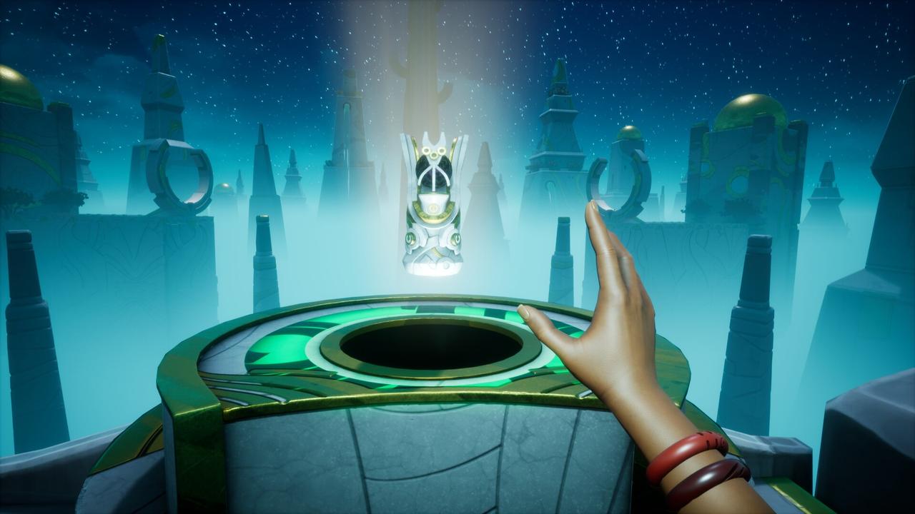 Call of the Elder Gods screenshot showing a hand reaching toward a floating object in an otherworldly city with towers and green light.