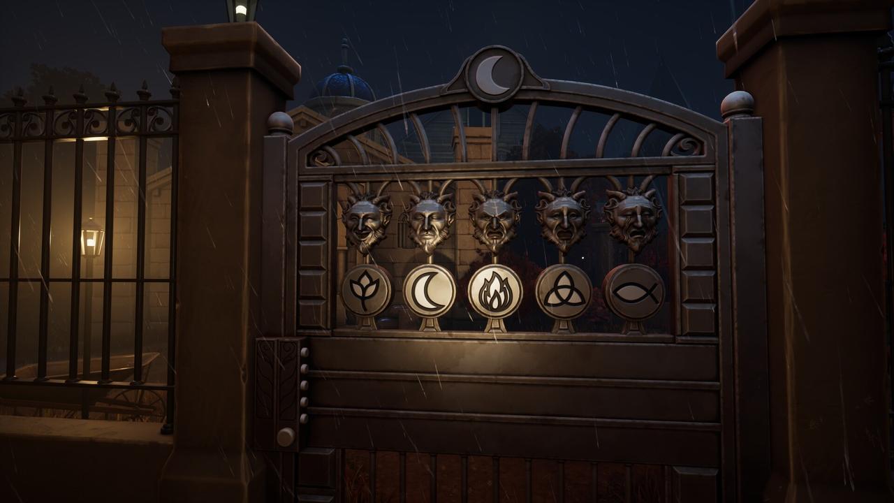 Call of the Elder Gods screenshot showing a gate puzzle with masks, symbols, and elemental icons in the rain.