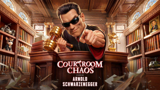 Image of Arnold Schwarzeneger dressed as a judge with the words Courtroom Chaos