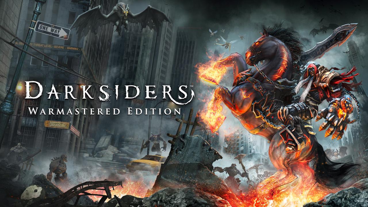 Darksiders Warmastered Edition key art showing War riding Ruin through a ruined city with demons and angels in the background.