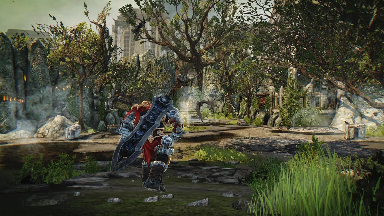 War explores an overgrown ruined city area in Darksiders Warmastered Edition.