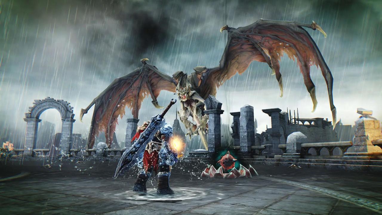War faces a winged demon during combat in Darksiders Warmastered Edition.