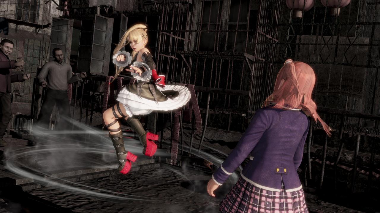 Dead or Alive 6 Last Round screenshot showing two fighters during a match in a dark arena.